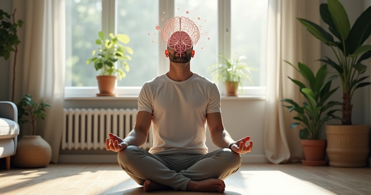 Homem adulto meditando com ilustração do cérebro em destaque 