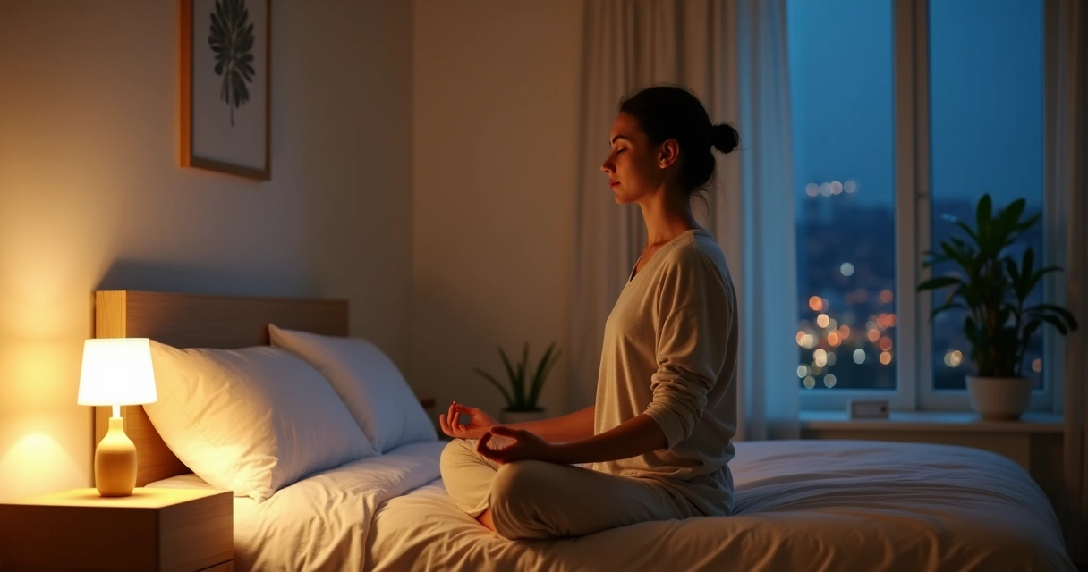 Adulto sentado na cama meditando em quarto escuro antes de dormir 