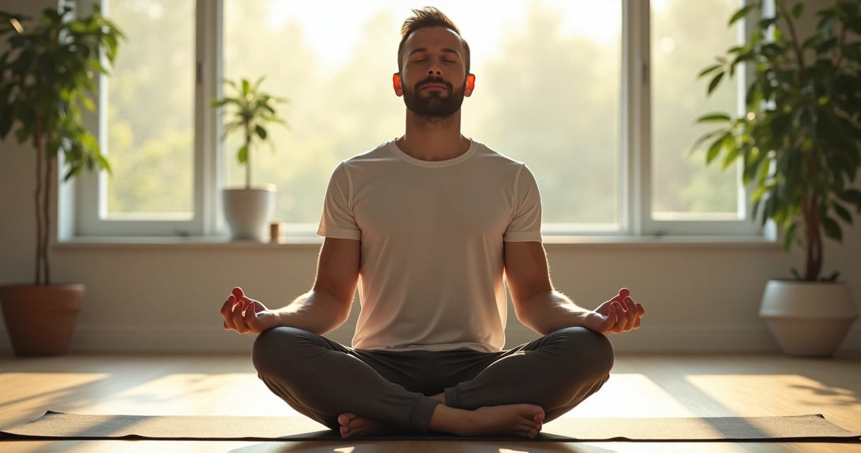 Homem adulto sentado em posição de meditação em sala iluminada 
