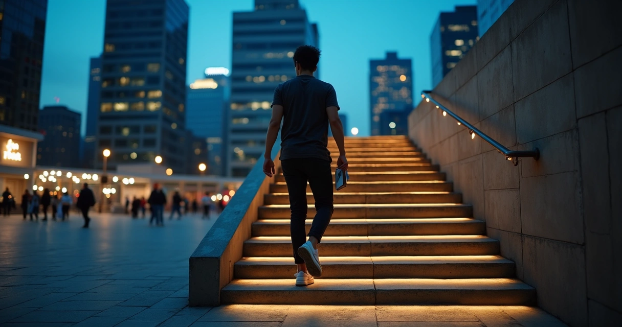 Adulto subindo escada iluminada em ambiente urbano noturno 