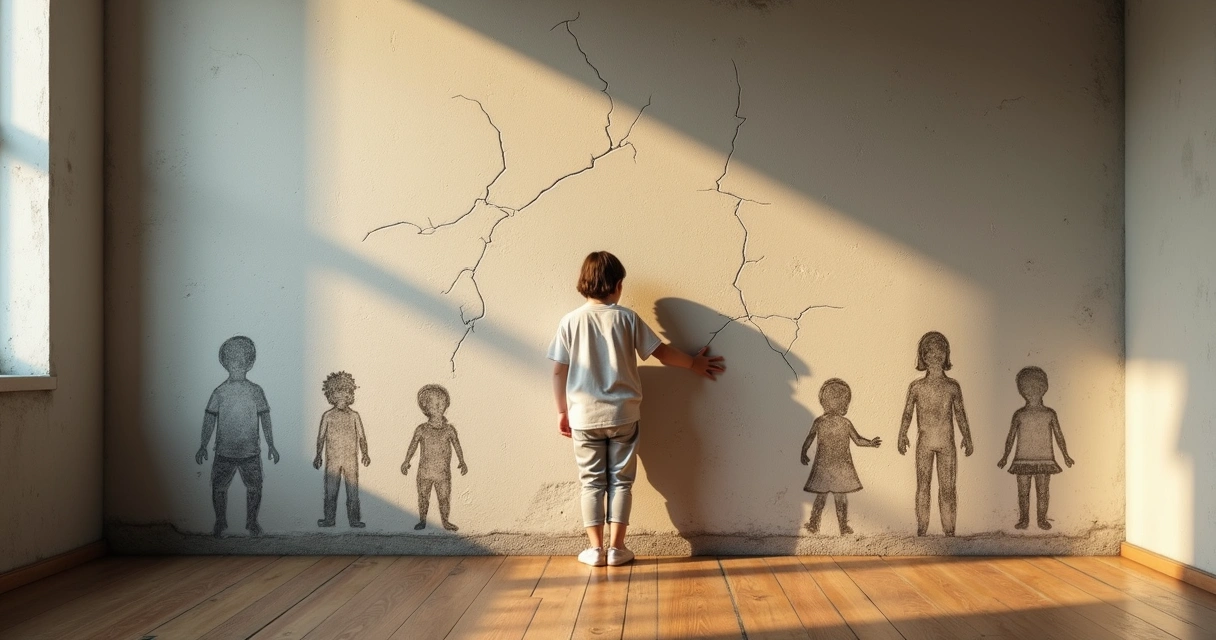 Adulto de pie frente a una pared con siluetas infantiles dibujadas y puentes rotos 