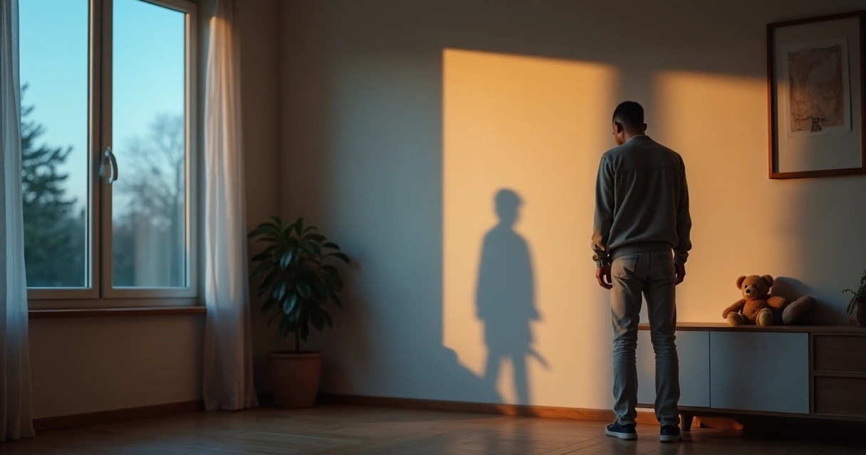Adulto de pie frente a una ventana con la sombra de un niño proyectada en la pared 