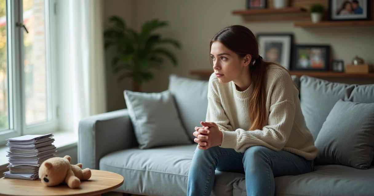 Adulto sentado no sofá olhando pela janela com expressão pensativa 
