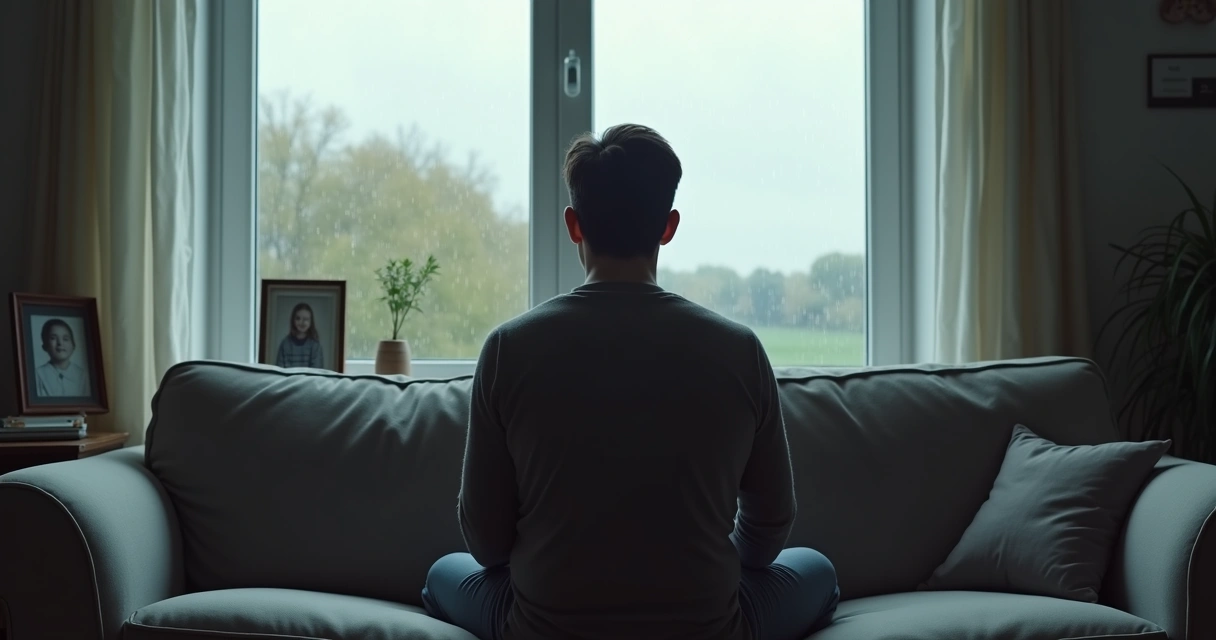 Adulto sentado em um sofá, pensativo, olhando para a janela em um dia nublado.