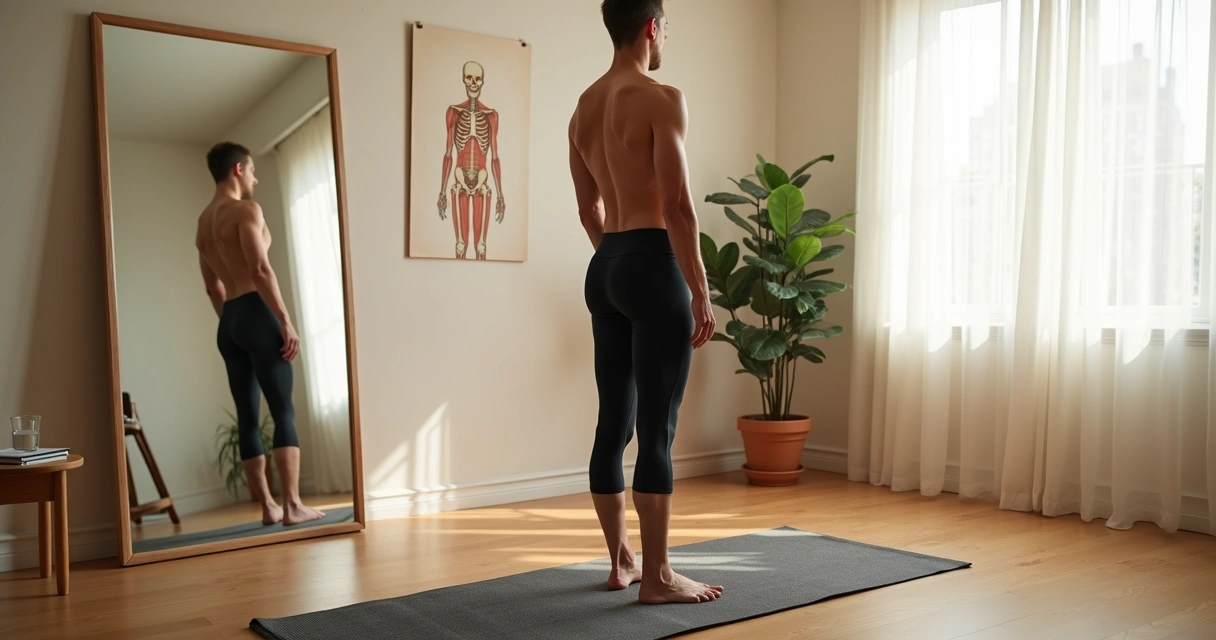 Adulto em postura de yoga observando o próprio corpo em um espelho grande 