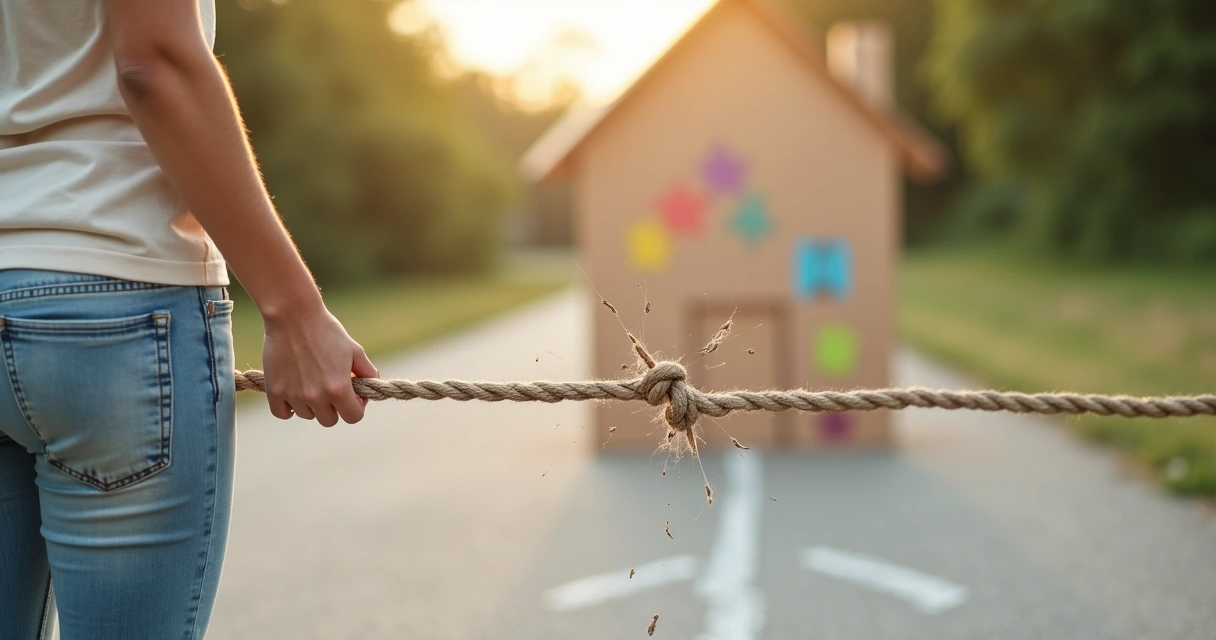 Adulto segurando corda quebrada saindo de casa de papel infantil ao fundo 