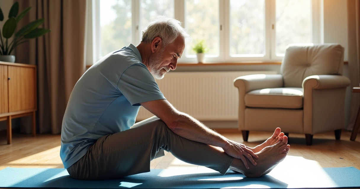 Homem maduroAlongamento de joelho no tapete em casa 