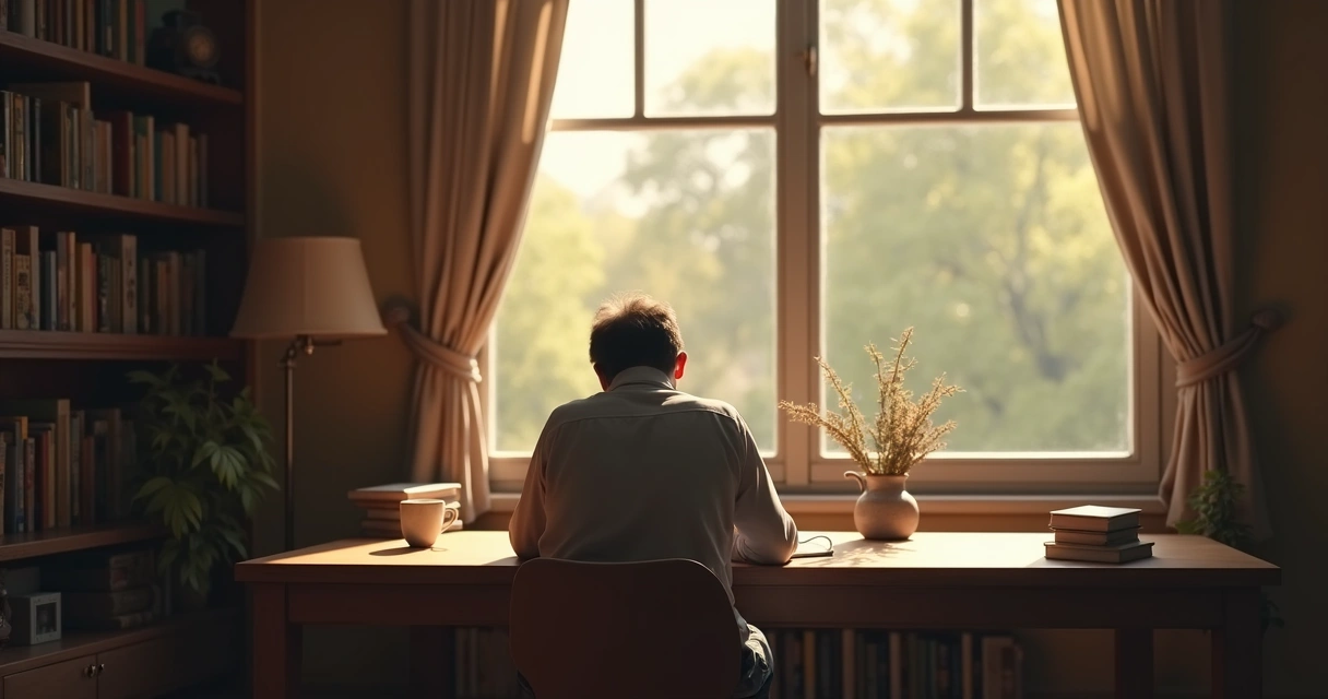 Adulto refletindo e escrevendo em caderno em ambiente tranquilo. 