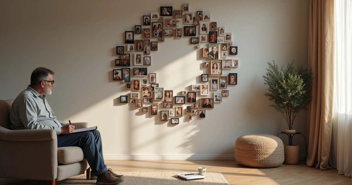 Adulto sentado refletindo diante de colagem de fotos de família em diferentes fases da vida 