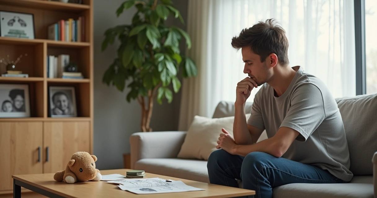 Adulto sentado em sofá refletindo sobre lembranças da infância 