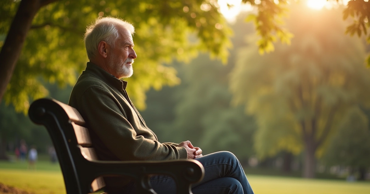 Pessoa adulta sentada em um banco de praça, olhando para o horizonte com expressão tranquila e contemplativa, árvores ao fundo 