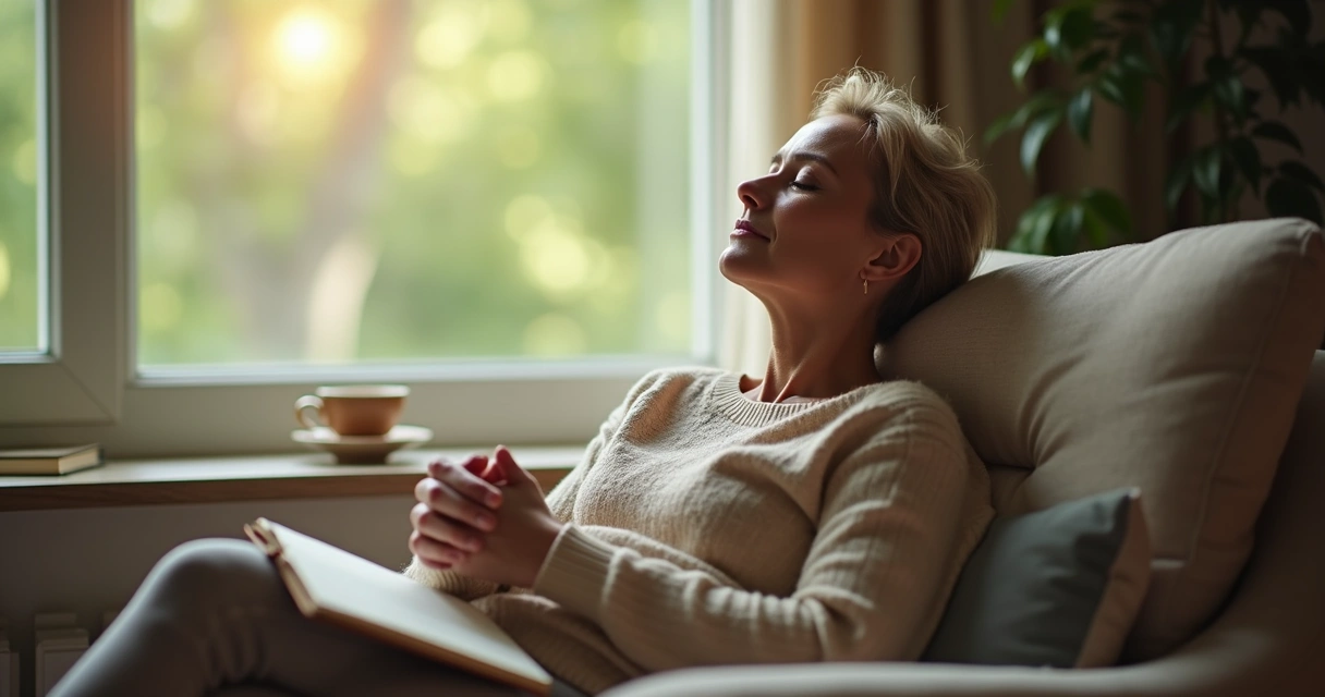 Adulto sentado refletindo em ambiente tranquilo, mãos no colo 