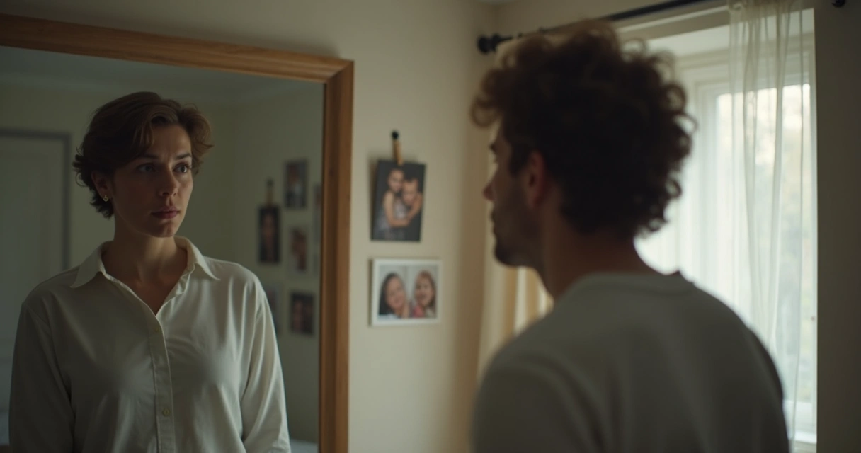 Pessoa adulta olhando para o espelho com expressão reflexiva