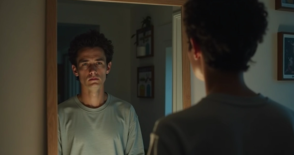 Adulto olhando para um espelho, expressão de reflexão