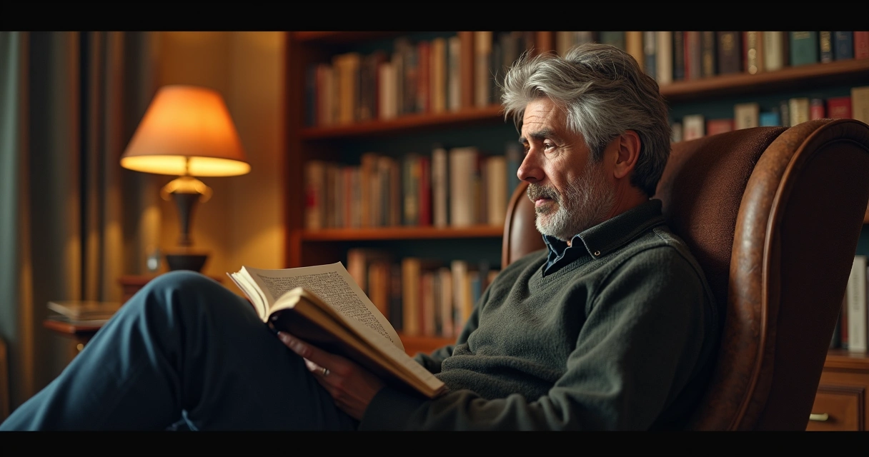 Adulto pensativo lendo livro em casa 