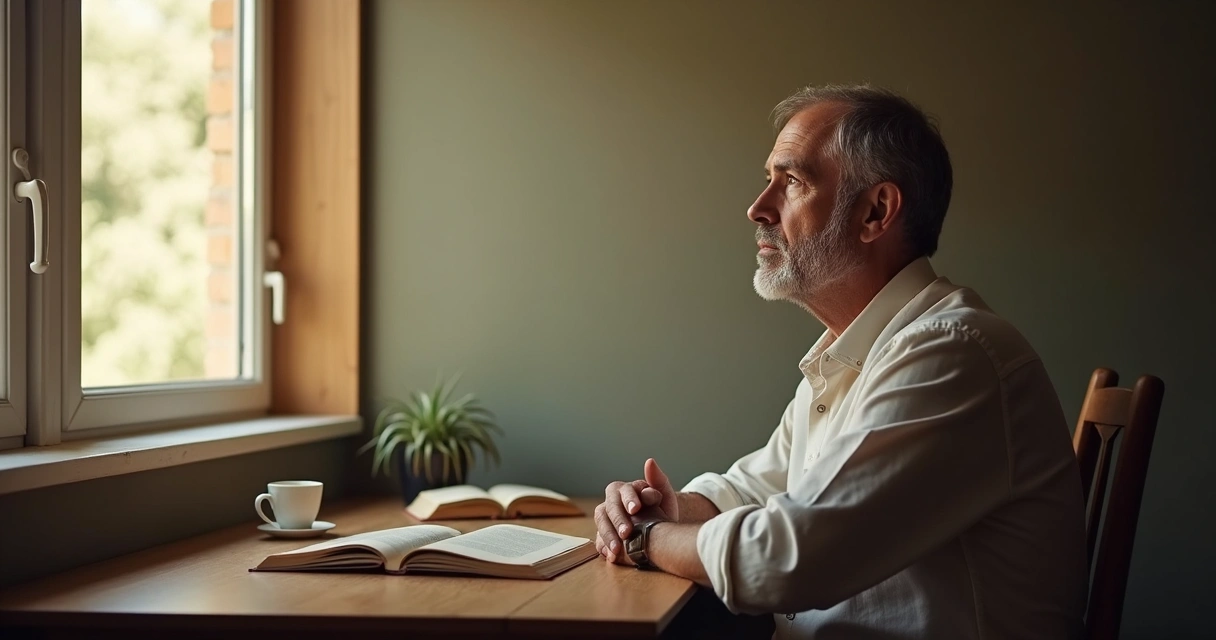 Homem adulto sentado olhando para uma janela, expressão reflexiva com luz suave entrando 