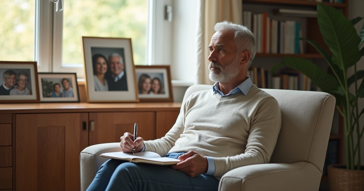 Adulto refletindo em sala com fotos de família ao fundo 