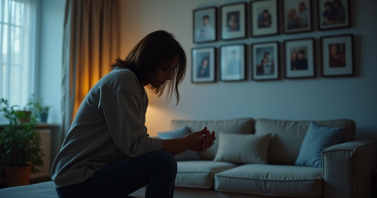 Adulto sentado em sofá em sala escura refletindo sobre segredos familiares 