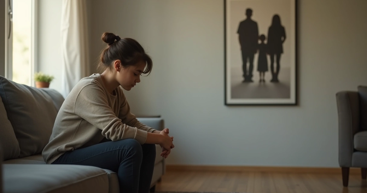 Adulto pensativo sentado em sofá com silhueta de família ao fundo 