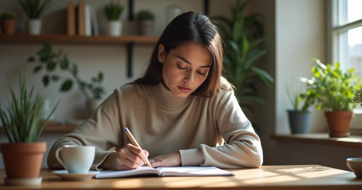 Pessoa adulta escrevendo em caderno com expressão reflexiva 