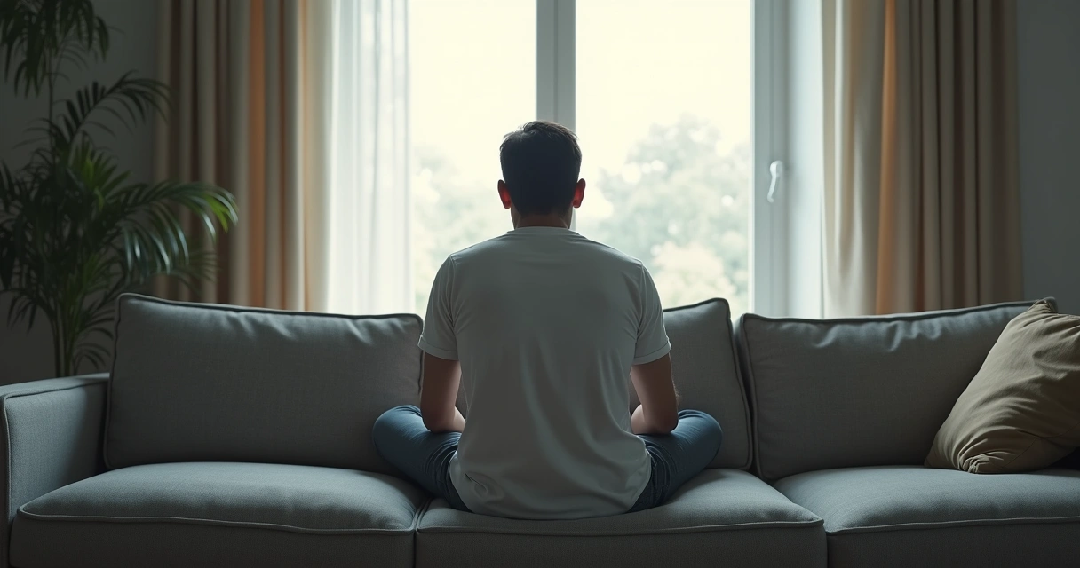 Homem sentado sozinho no sofá, olhando para a janela e refletindo. 