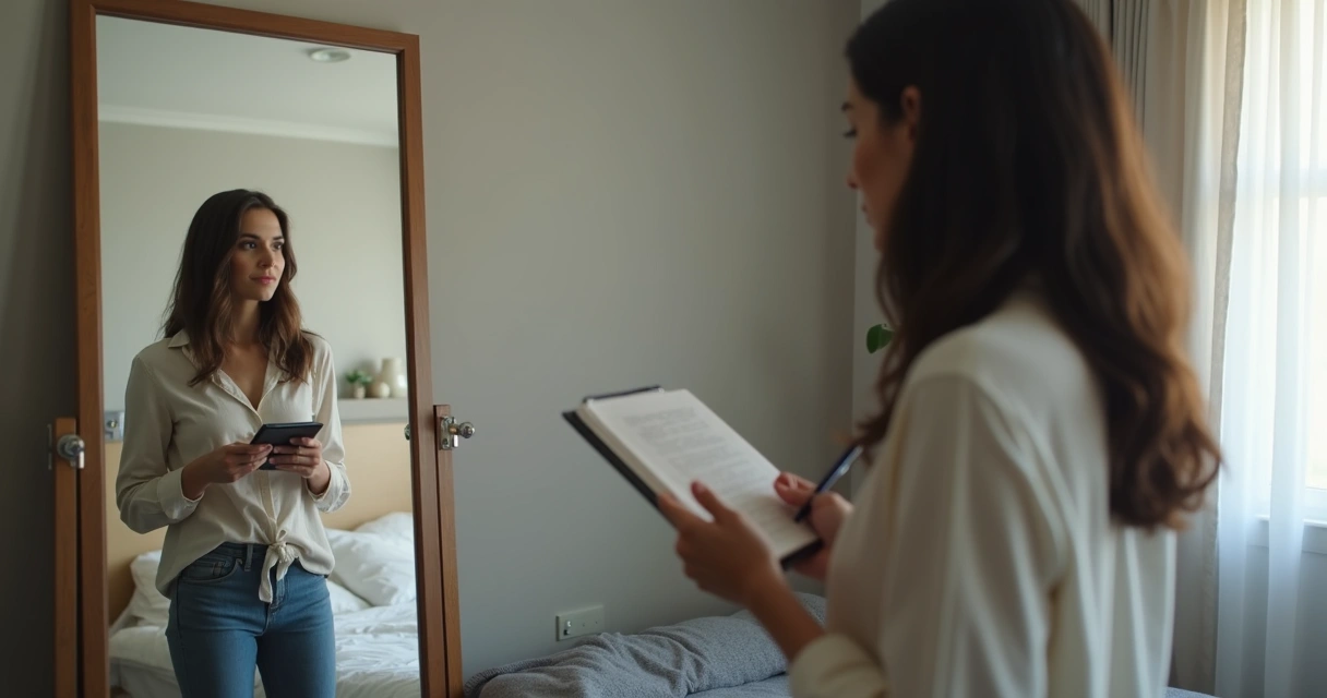 Adulto observándose en un espejo con libreta en la mano 
