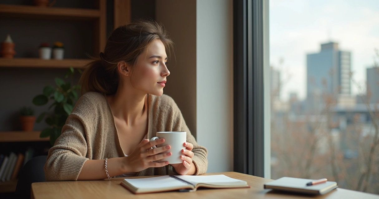 Persona adulta pensando mientras sostiene una taza de café, sentado junto a una ventana 