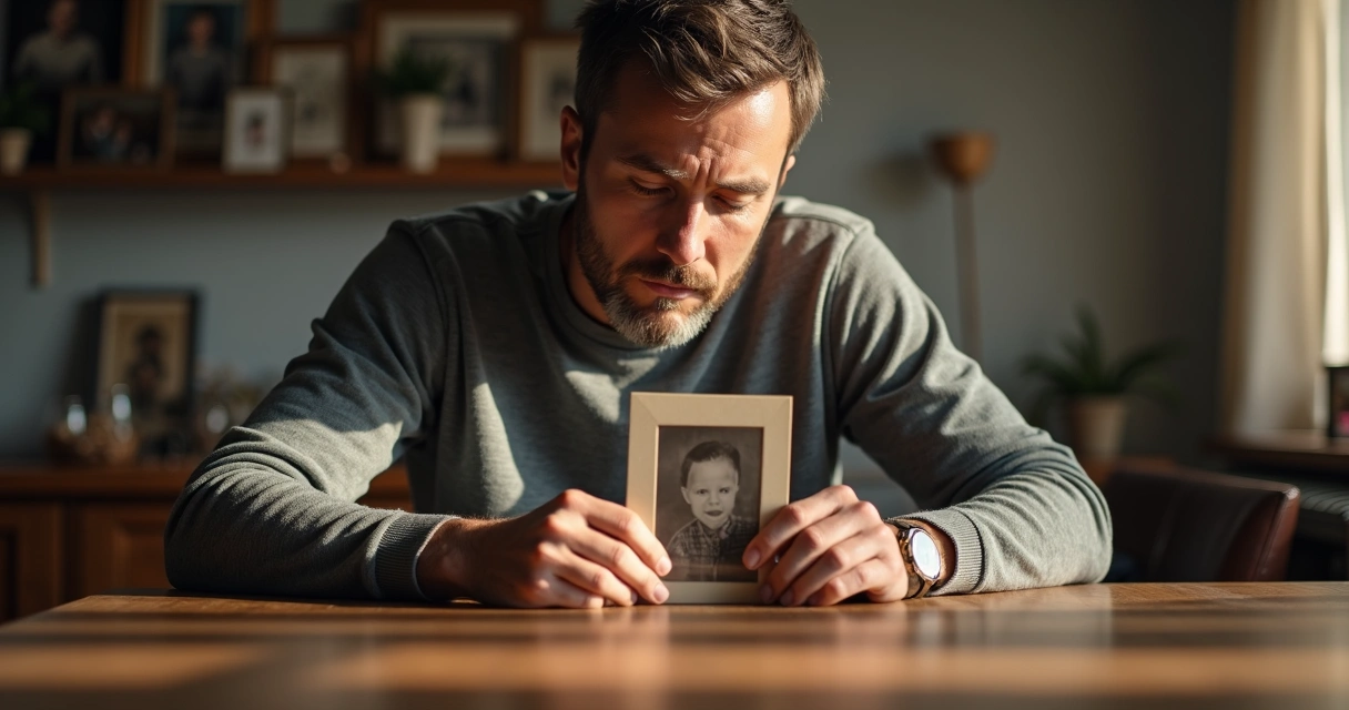 Hombre sentado contemplando fotografía antigua de su infancia 