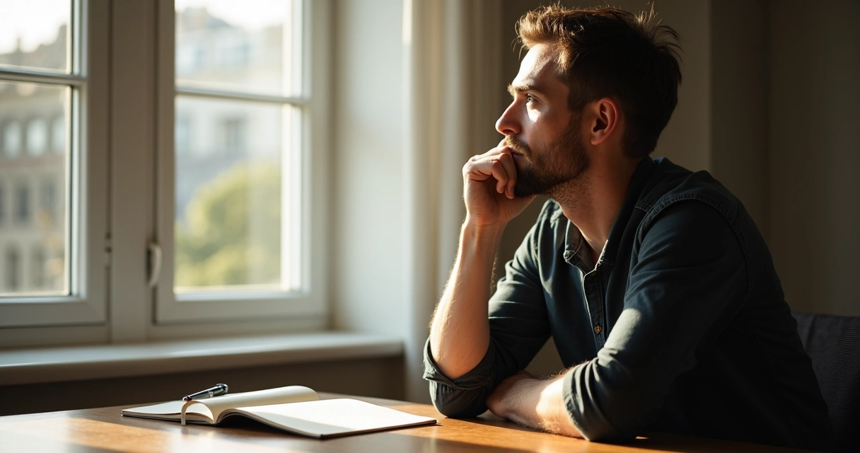 Persona adulta reflexionando mirando por una ventana
