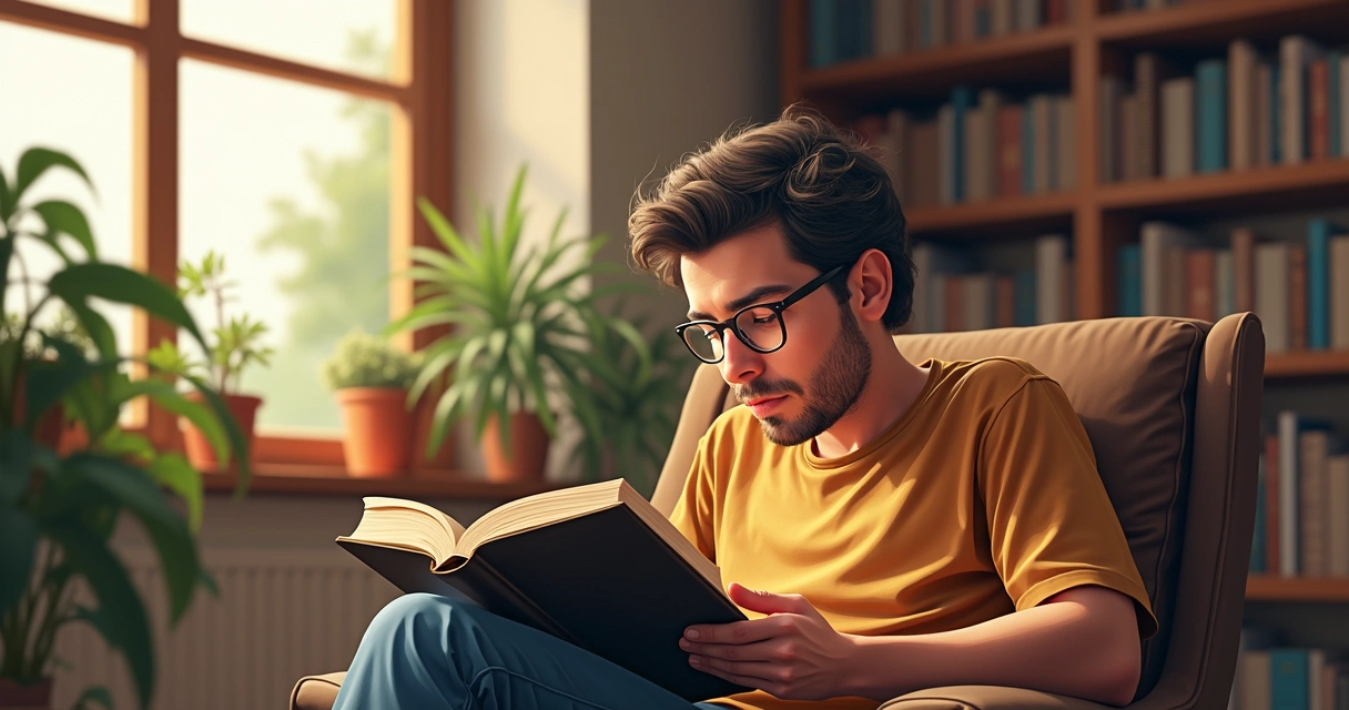 Adulto sentado em poltrona lendo livro sobre superdotação, expressão pensativa 