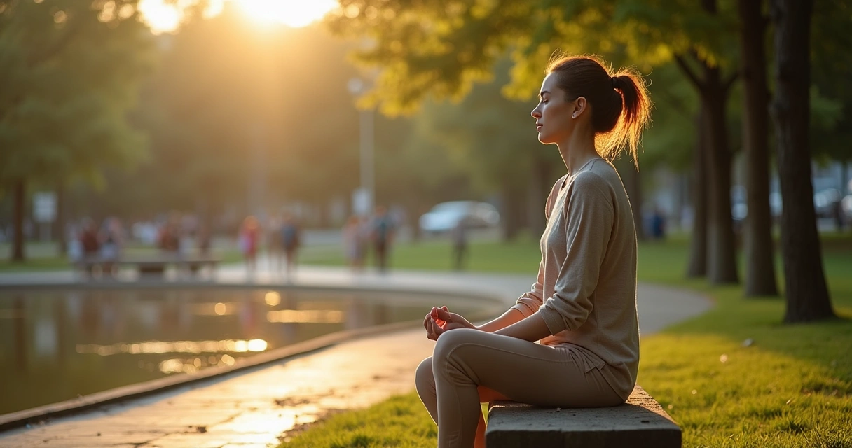 Adulto sentado em parque respirando fundo em postura de calma e equilíbrio emocional 