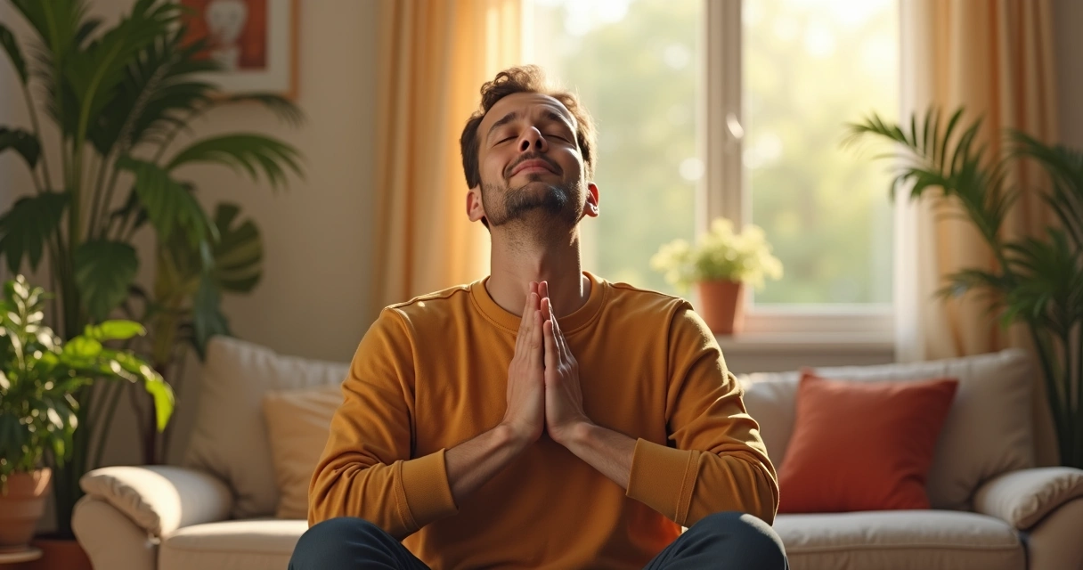 Adulto realizando respiración consciente en un entorno tranquilo 