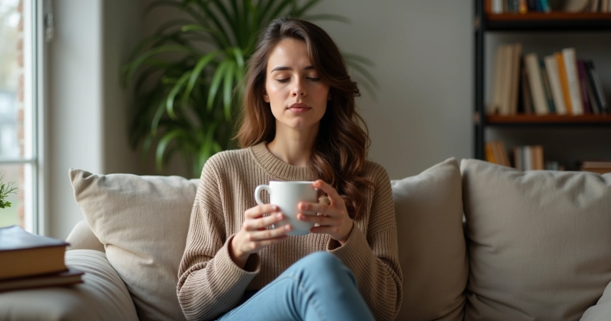 Pessoa adulta relaxando no sofá com uma xícara em mãos 