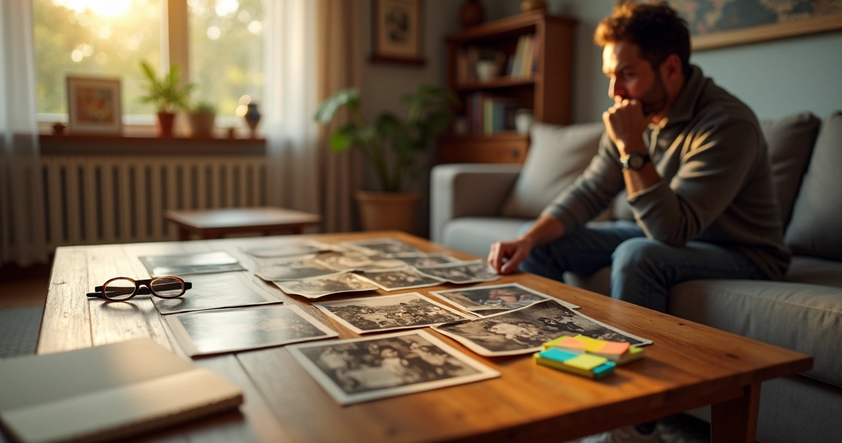 Adulto sentado em sofá observando fotos antigas de infância espalhadas em mesa de centro 