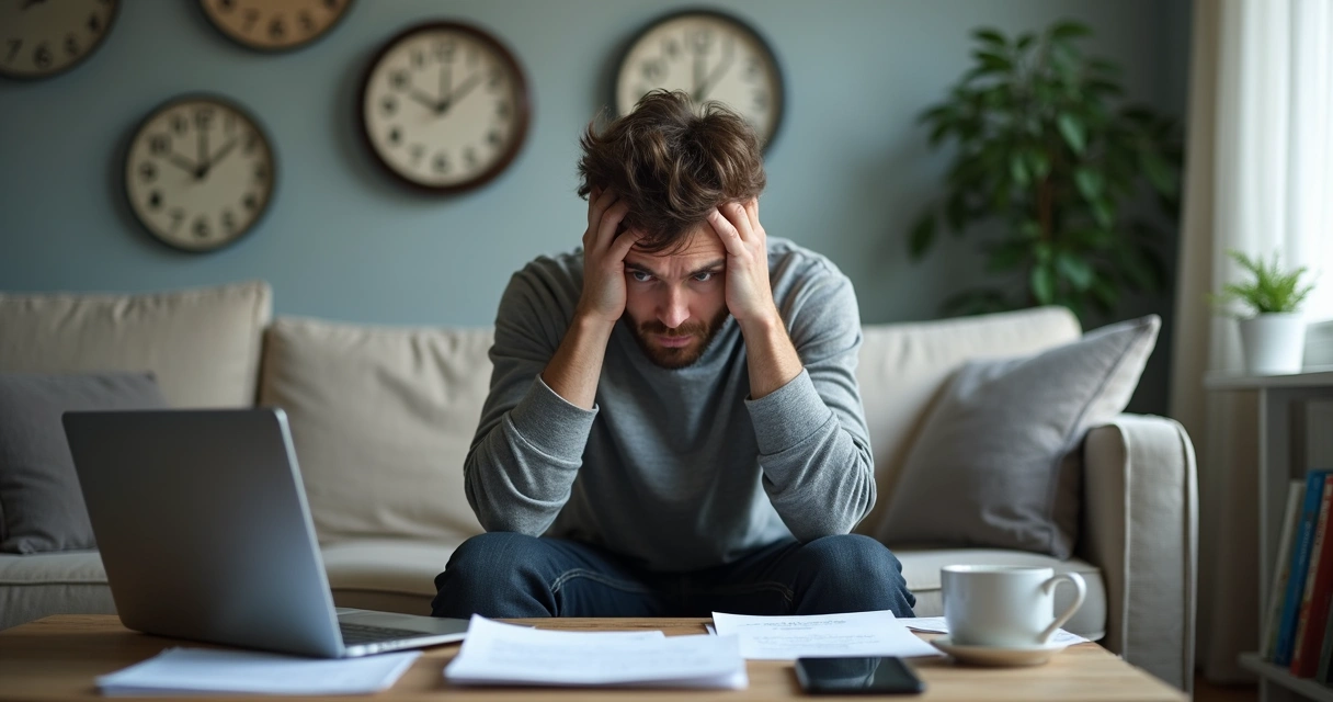 Adulto sentado en sofá rodeado de relojes mostrando signos de saturación emocional 