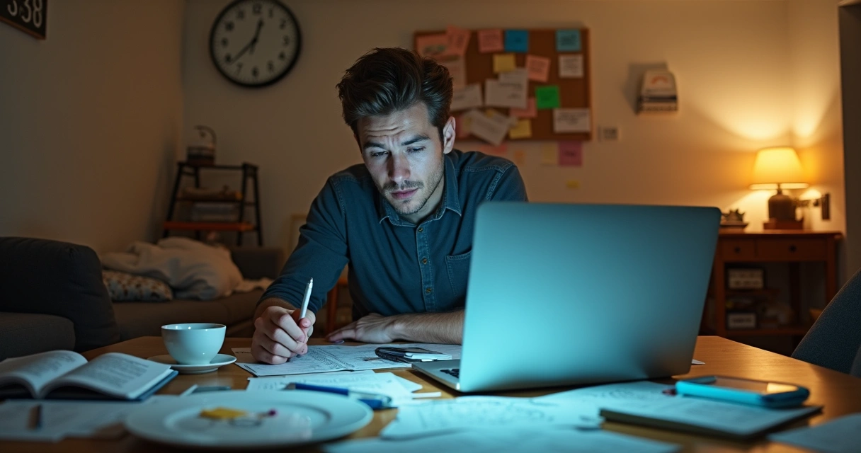 Adulto em casa tentando fazer várias tarefas ao mesmo tempo, aparentando cansaço e dificuldade de concentração 