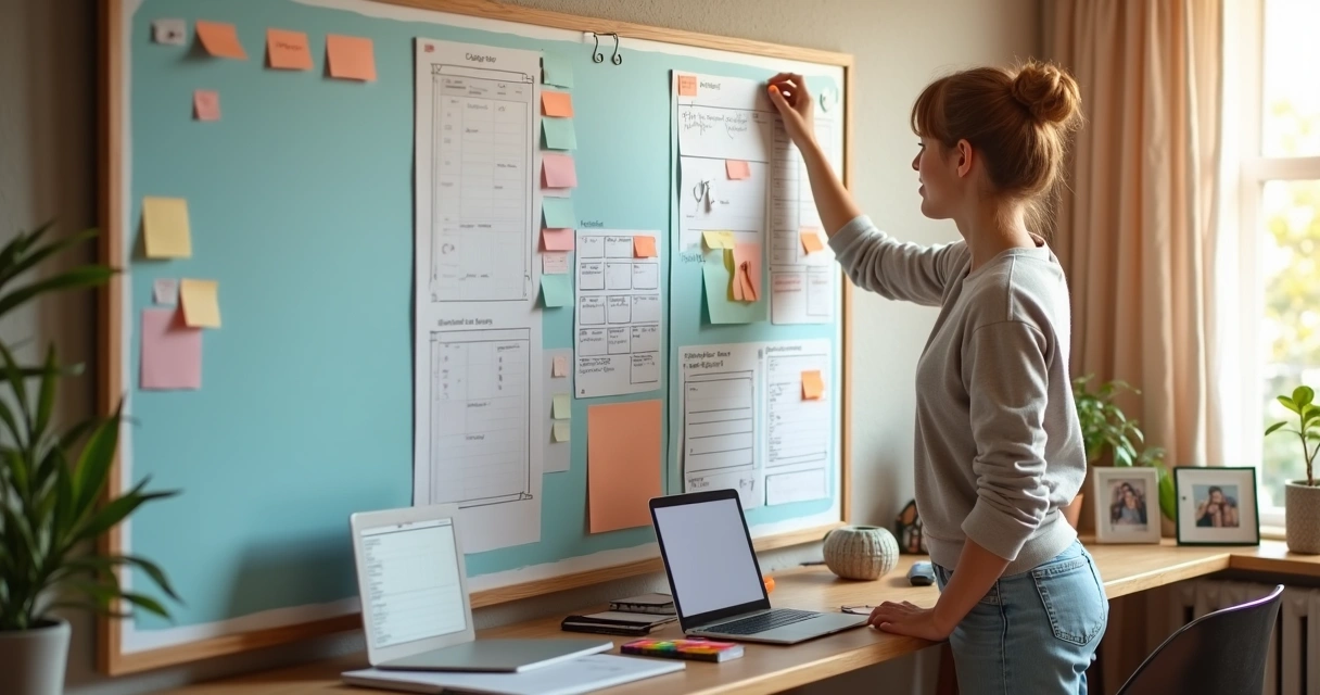 Adulto organizando mural colorido com agenda e lembretes em escritório doméstico 