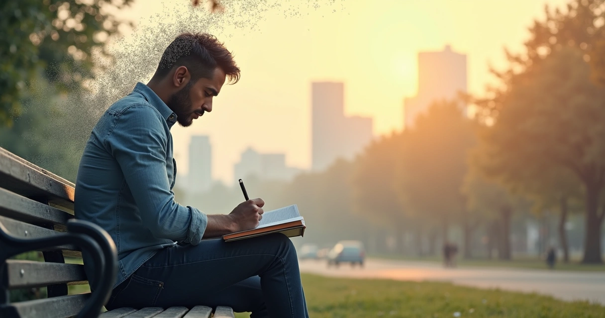 Adulto reflexionando y transformando su diálogo interno frente a un paisaje luminoso 