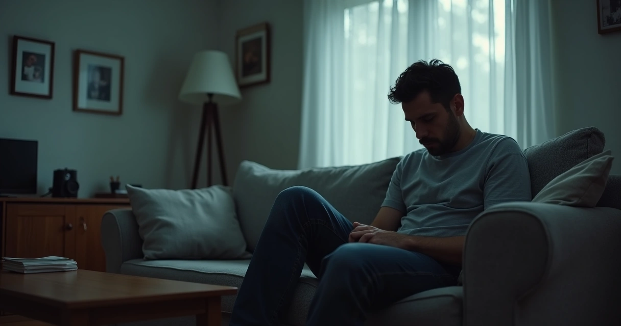 Homem adulto olhando para baixo, refletindo sobre lembranças familiares tristes