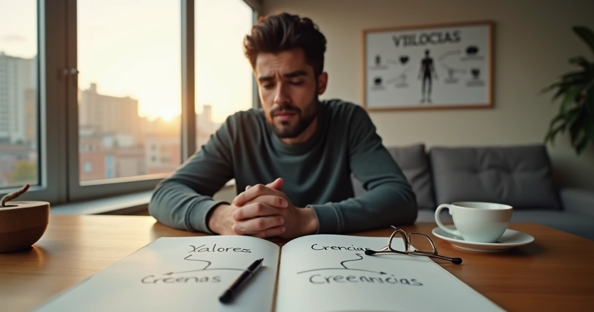 Adulto reflexionando frente a dos caminos representando valores y creencias 