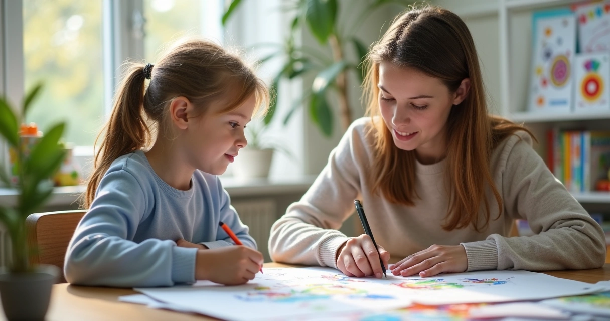 Psicólogos observando dibujos de niños en consulta