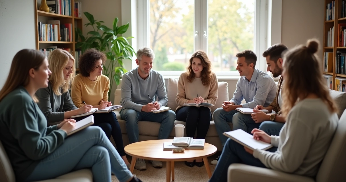 Grupo de adultos sentados en círculo aprendiendo juntos, con expresión concentrada