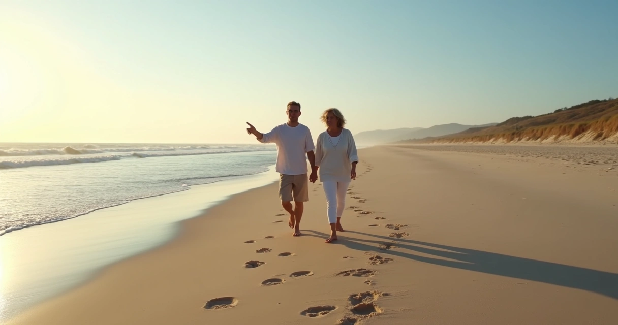 Dois adultos conversando com calma em caminhada na areia da praia 