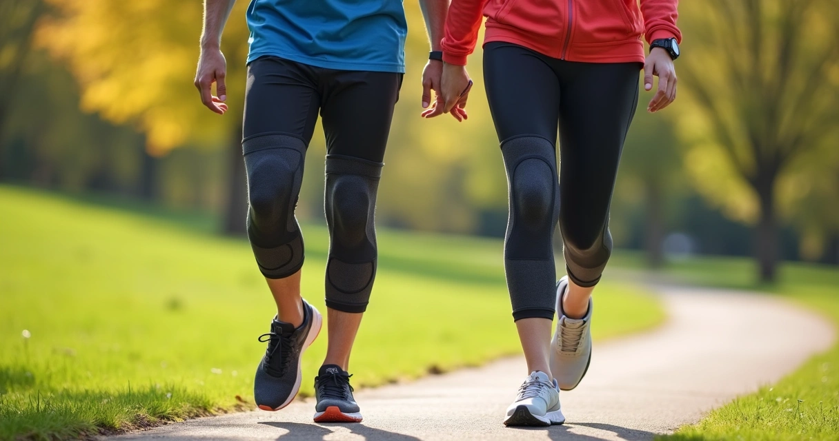 Dois adultos caminhando juntos em parque usando joelheiras de compressão 