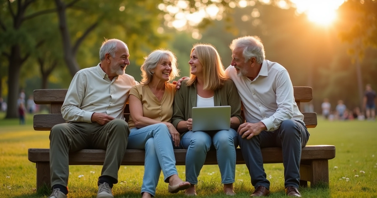 Grupo de adultos conversando y riendo en un parque al atardecer 