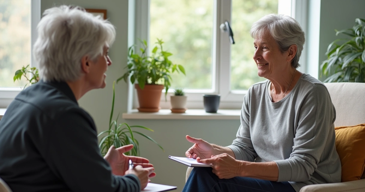 Sessão de psicologia com adulto maduro em cadeira confortável 