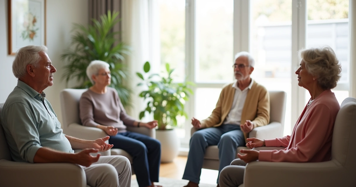 Cuatro adultos mayores sentados en círculo, ojos cerrados, meditando en una sala luminosa y tranquila 
