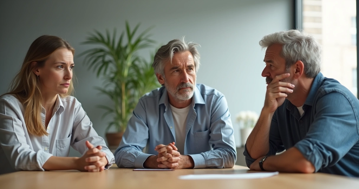 Três adultos sentados em uma mesa de reunião, visivelmente desconfortáveis e pensativos 