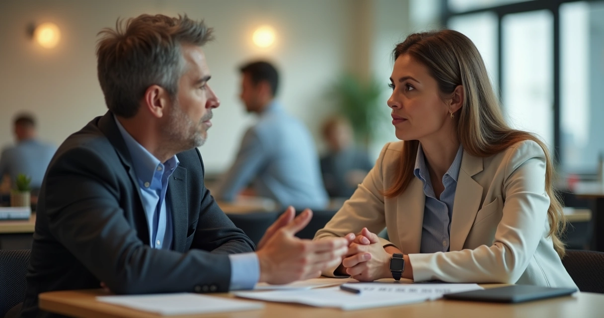 Dois adultos conversando discretamente no café do trabalho 