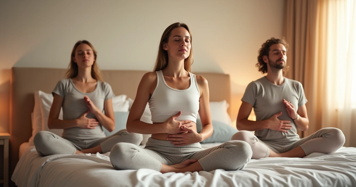 Adultos sentados na cama praticando exercícios de respiração antes de dormir.